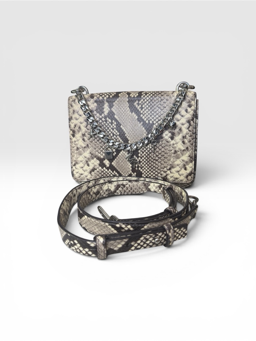 Michael Kors Snake-Print Crossbody in Neutral Tones with Chain